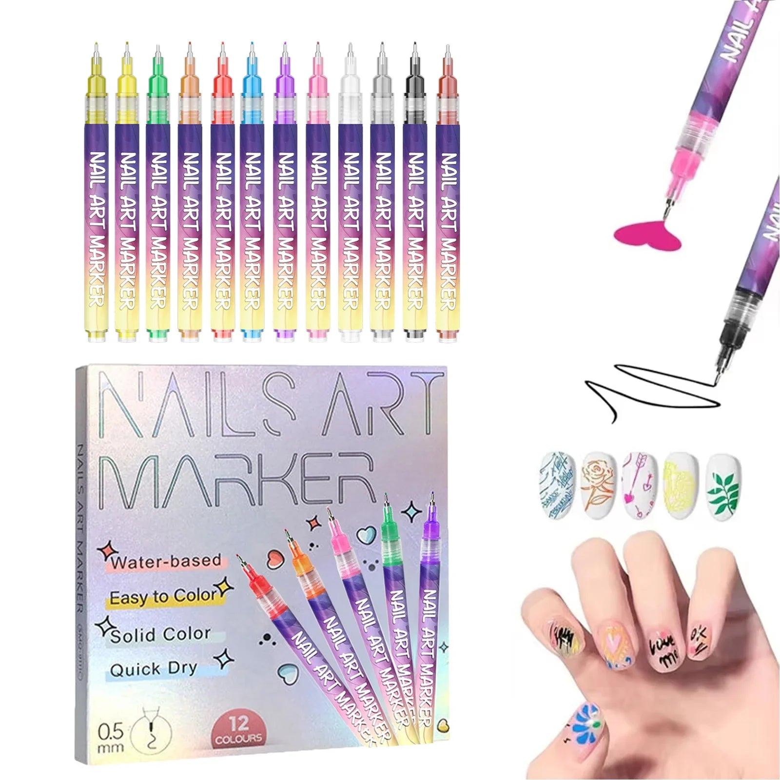 12pcs/Set Nail Art Graffiti Pen DIY Nail Art Painting Pens Abstract Lines Fine Design Multi-Color Drawing Nail Painting Tools