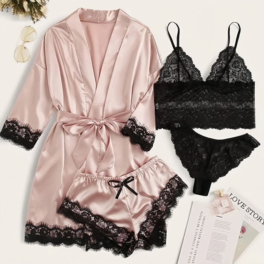 Women's Sexy Satin Lace 3PCS Sleepwear – Robe in Wine Red, Black & Pink for Romantic Look & Home Use