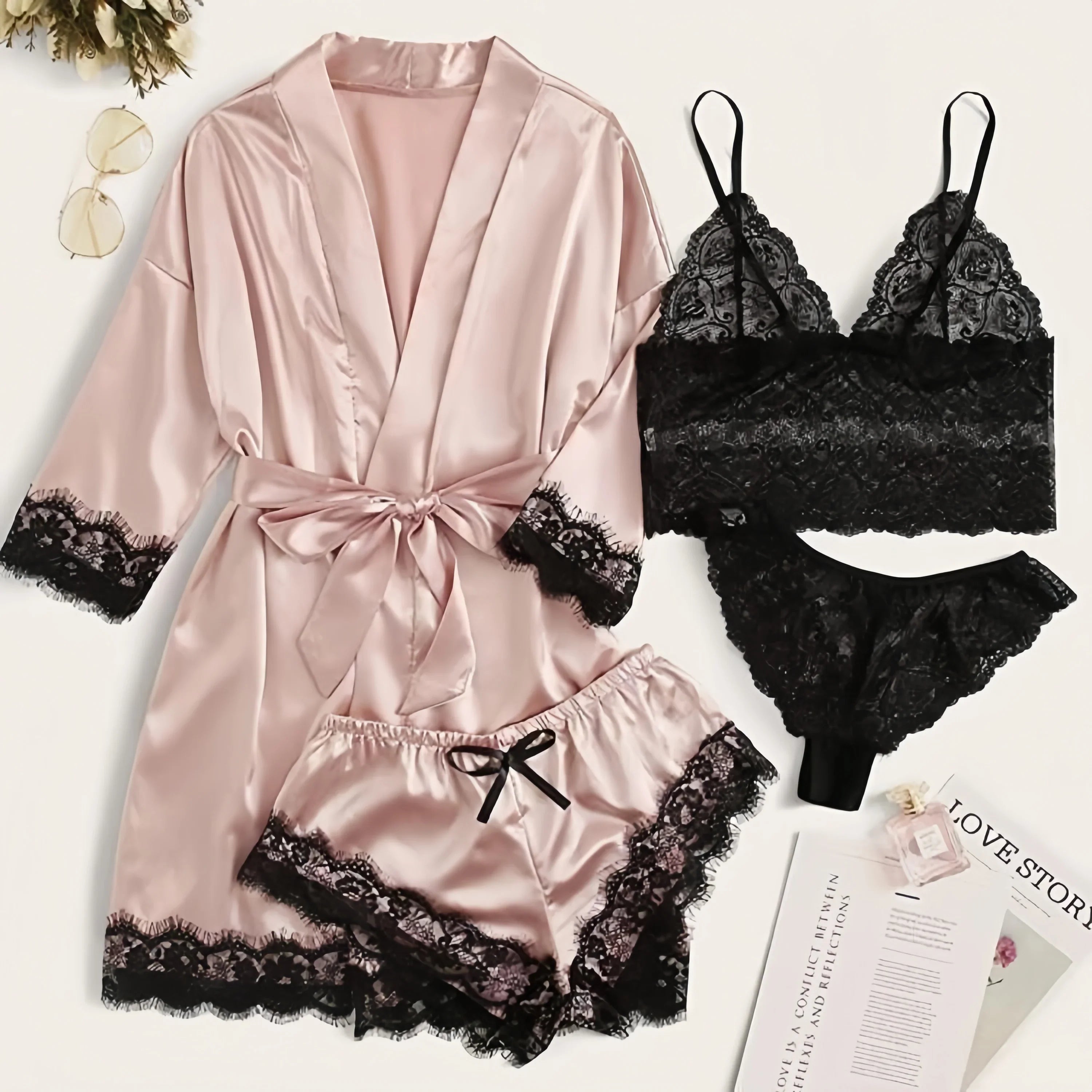 Women's Sexy Satin Lace 3PCS Sleepwear – Robe in Wine Red, Black & Pink for Romantic Look & Home Use