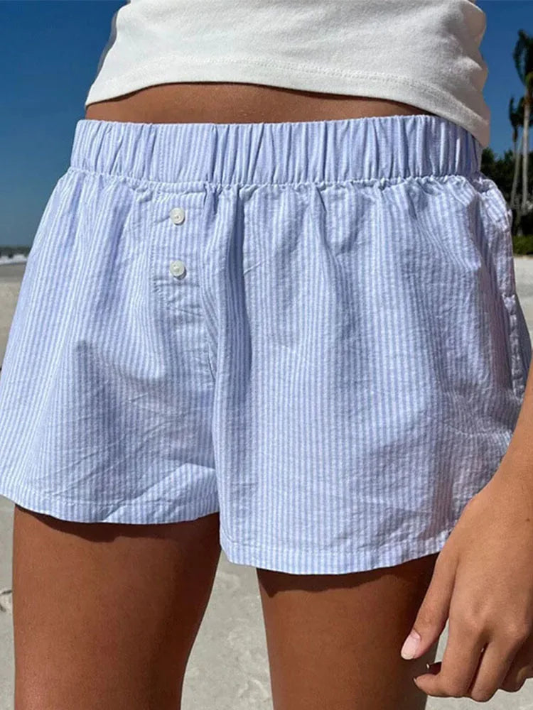 Women's Striped Print Casual Elastic Waist Shorts Y2K Loose Fit Summer Streetwear Chic Basic Fashion Button Detail
