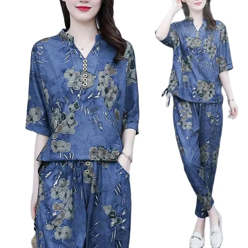2026 New Korean Sets Women Summer Loose Short Sleeves Printing Tops+ Elastic Waist Pants 2PCS Female Retro Casual Suit Lady 5XL