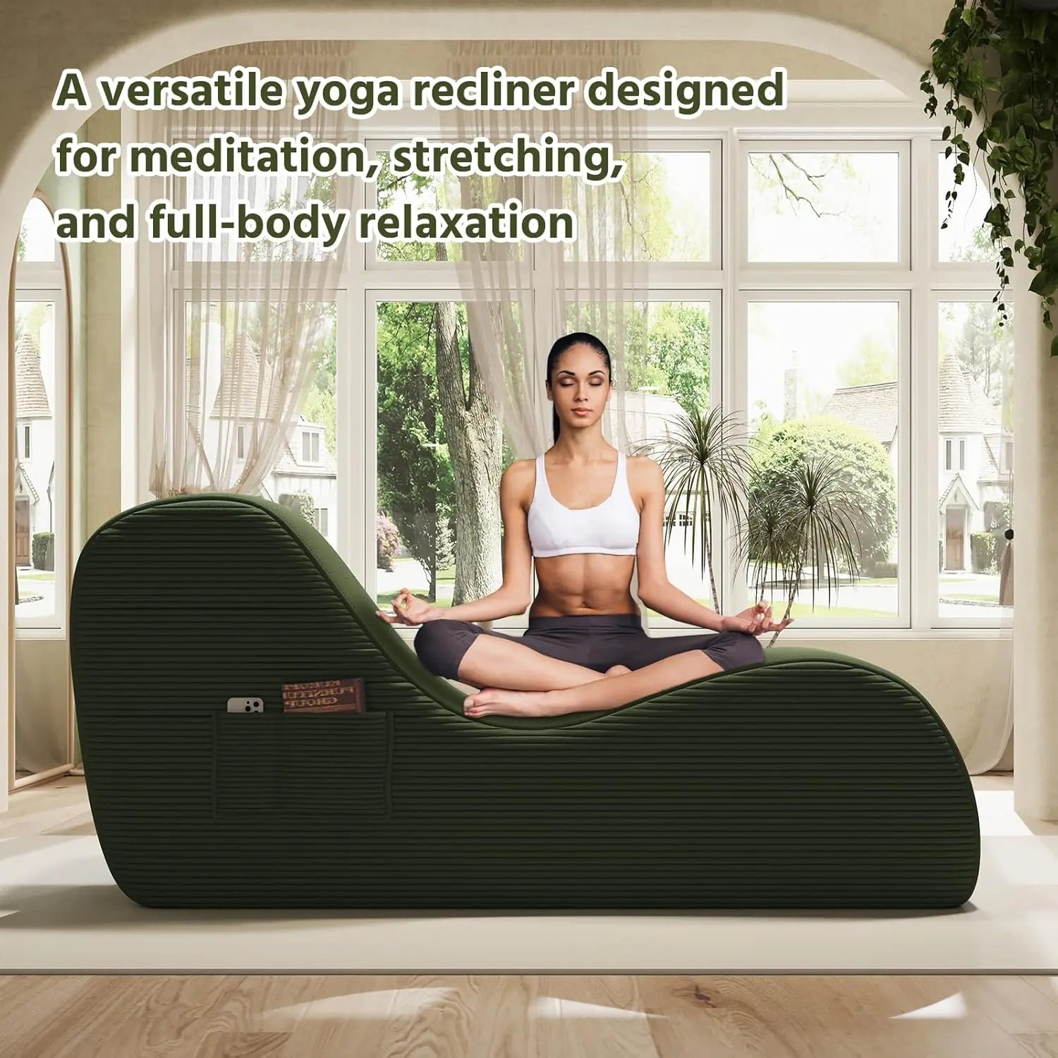 Corduroy Yoga Sofa - All Sponge Filled Stretching Lounge Chair with Side Pocket for Home Fitness & Relaxation
