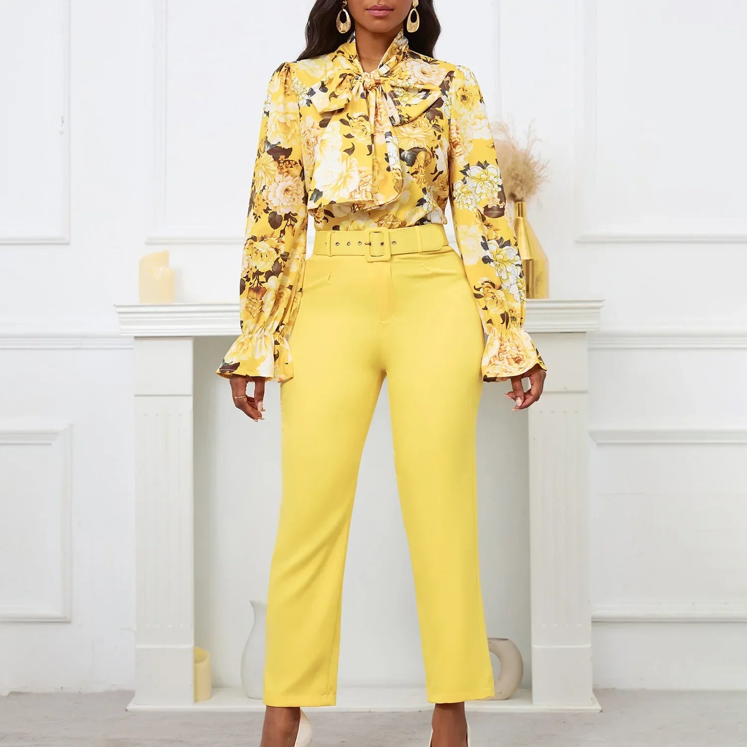 2 Piece Set African Clothes for Women Spring Africa Clothing 2024 New Plus Size Outfit Print Shirt Pants Matching Sets With Belt