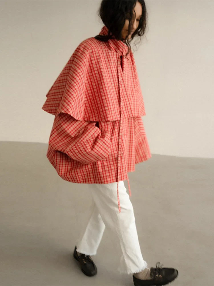 Women ﻿casual Checkered Windbreaker Long Sleeved Single Breasted Stand Up Collar Lady Coats 2026 Spring Daily Commuting Jackets