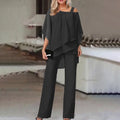 New Matching Collection Fashion Women's Bat Sleeve Top Casual Off Shoulder Party Elegant Wide Leg Pants Women's Two Piece Set