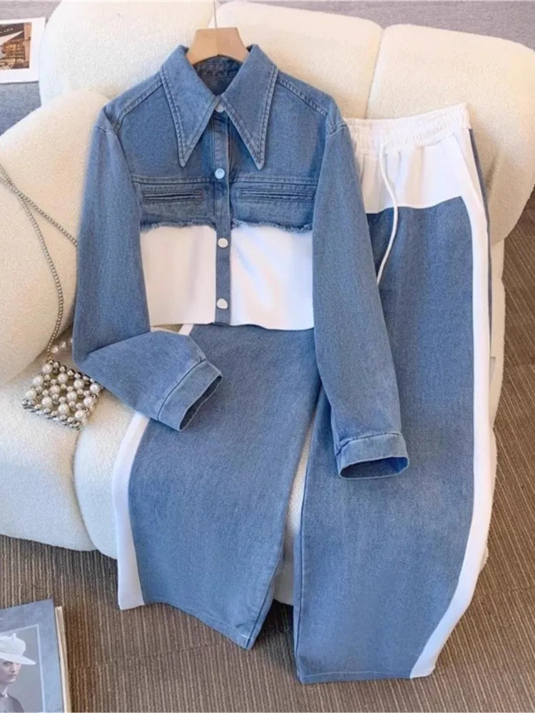 Blue Patchwork Pants Sets Women Fashion Long Sleeve Single-breasted Short Jacket Straight Trousers Two Piece Set Female New