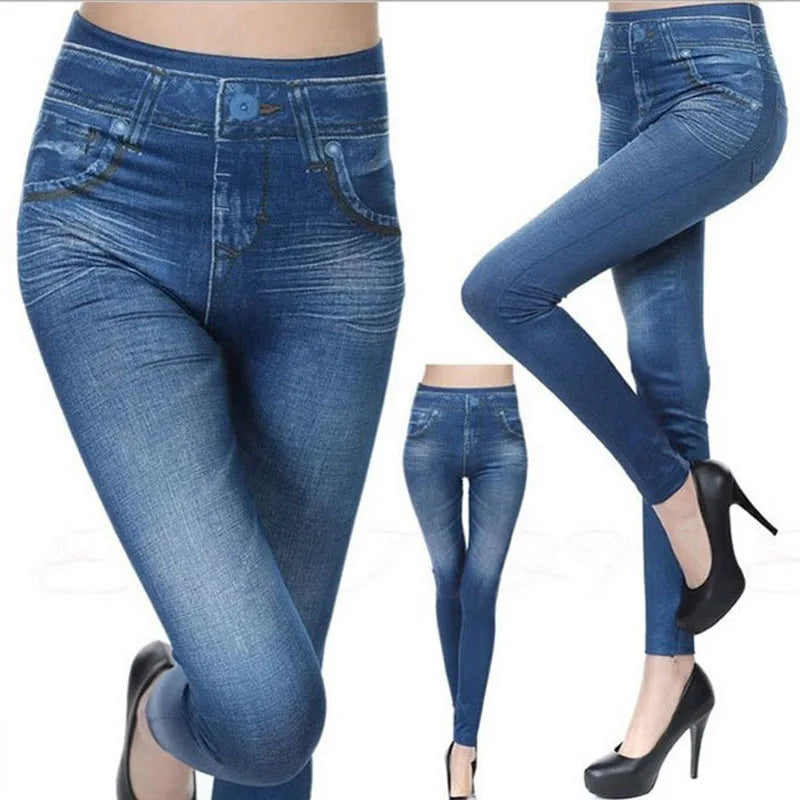 1pcs Women's Denim Print Leggings Females Fashion Slim Leggings Faux
