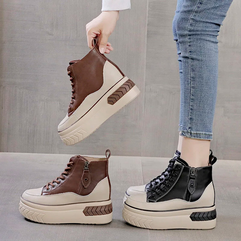 High Top Women Shoes Genuine leather 8cm Platform Boots Wedge Hidden Heel Zip Spring NEW Autumn Warm Fur Winter Shoes Sneakers