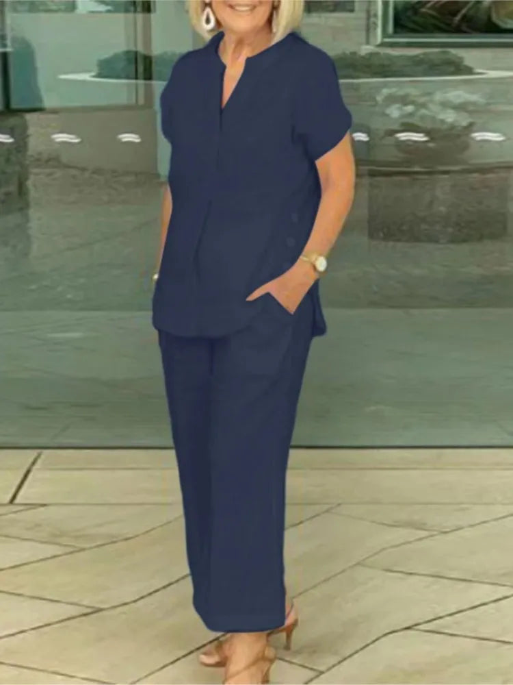 New Summer Women's Short-sleeve Tops Pants Casual Two-piece Suit Fashion Elegant Office Solid Holiday 2-piece Set Women Clothes