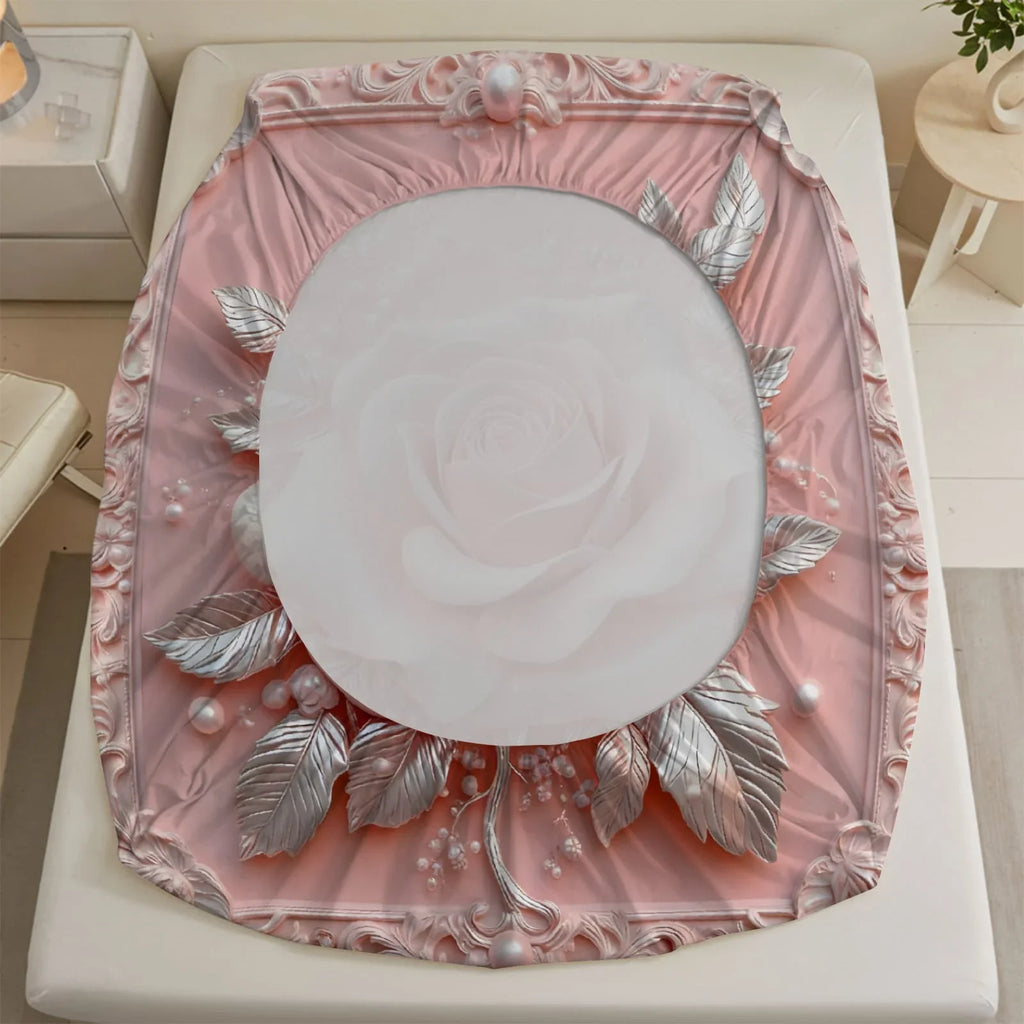 1pc 3D Embossed Pink Rose Print Fitted Sheet Deep Pocket Elastic