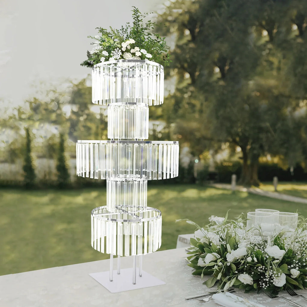 5 Tiers Gold/Silver Wedding Centerpieces Flower Stand Vase Centerpiece Acrylic Flower Stand with Hanging Acrylic