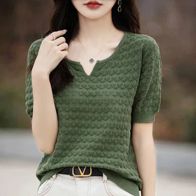 Women's T-shirt Summer New 100% Pure Cotton Tees Casual Solid Knitted Short sleeved V-neck Pullover Loose Tops Fashion Sweater