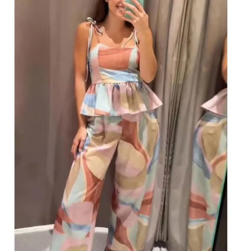 Women's Printed Pants Set 2026 New Lace Trim Lace-up Sexy Tops Mid-waist Wide-leg Pants Casual Fashion Female 2 Piece Sets