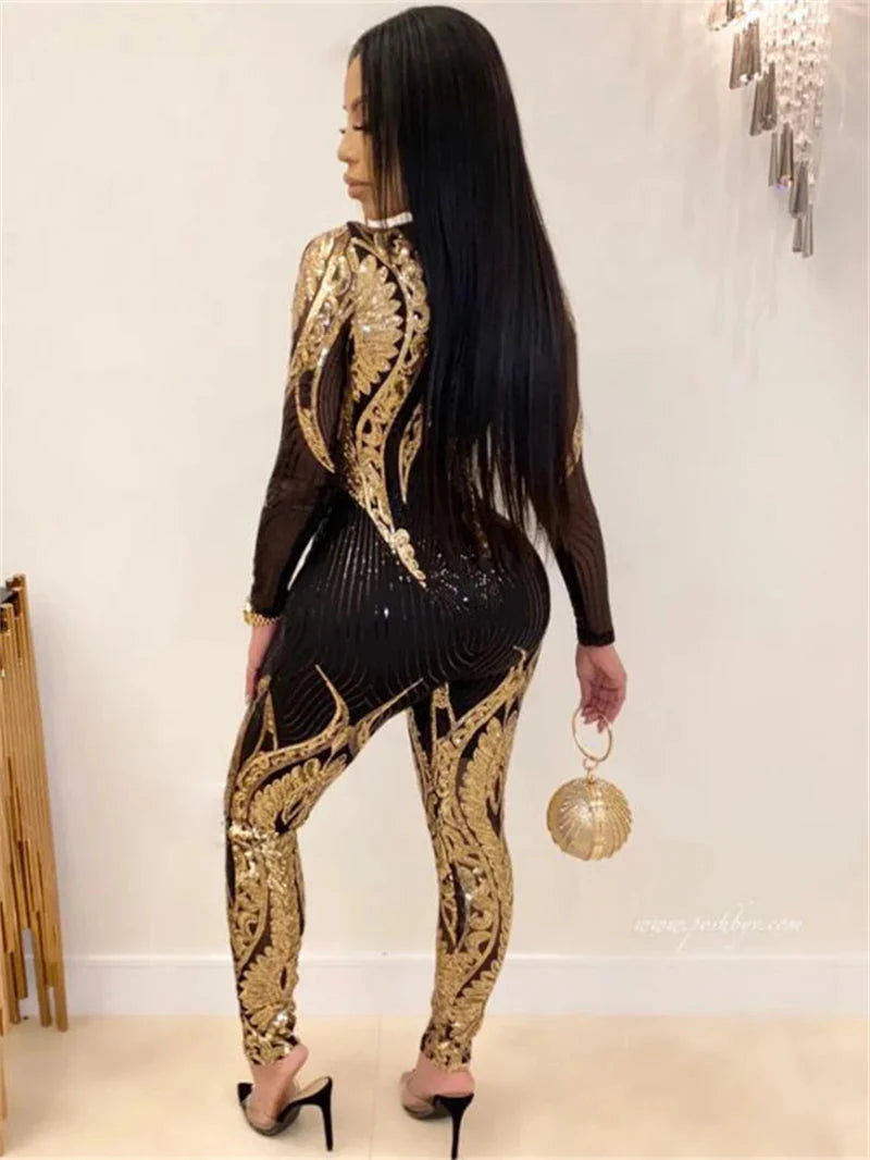 See through Sequin Long Sleeve Jumpsuit.
