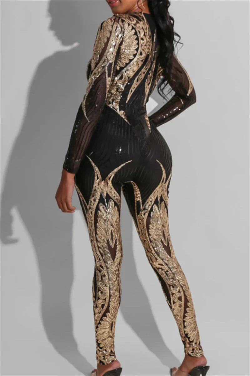 See through Sequin Long Sleeve Jumpsuit.
