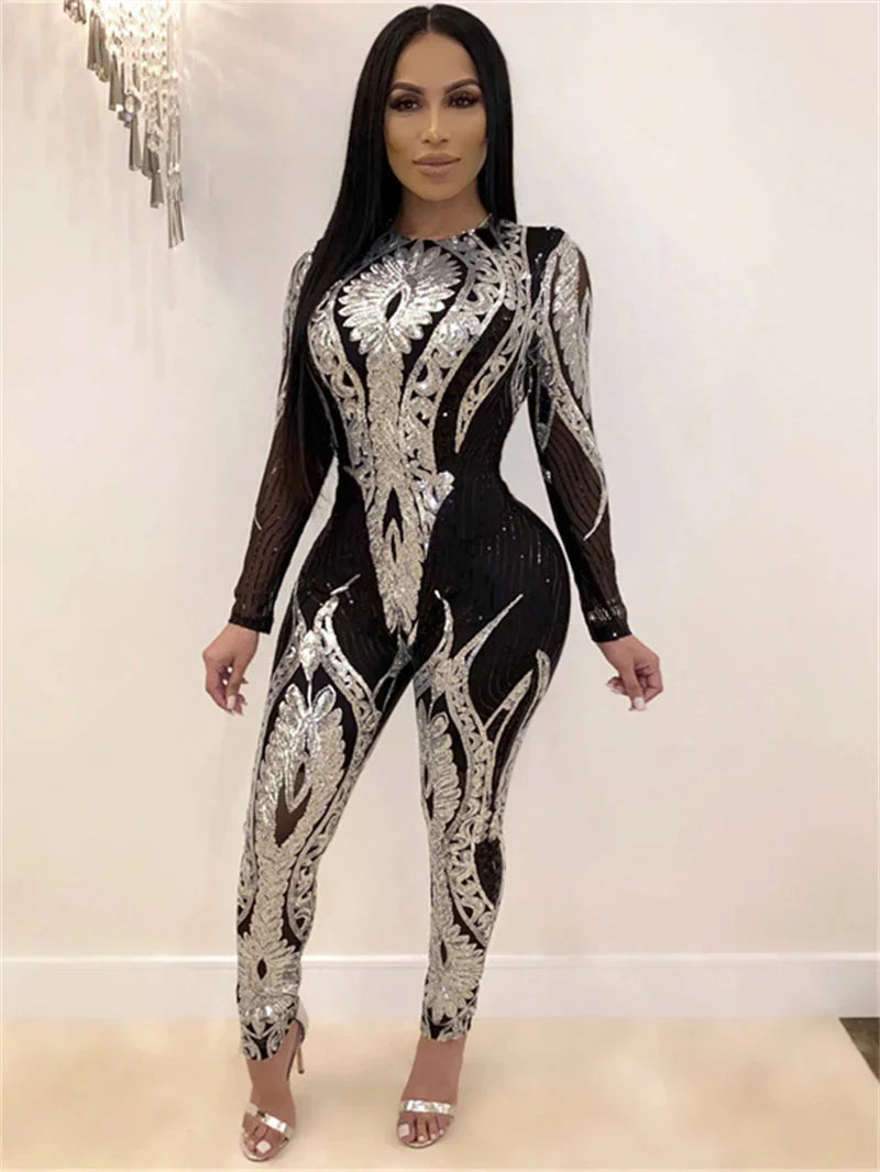 See through Sequin Long Sleeve Jumpsuit.