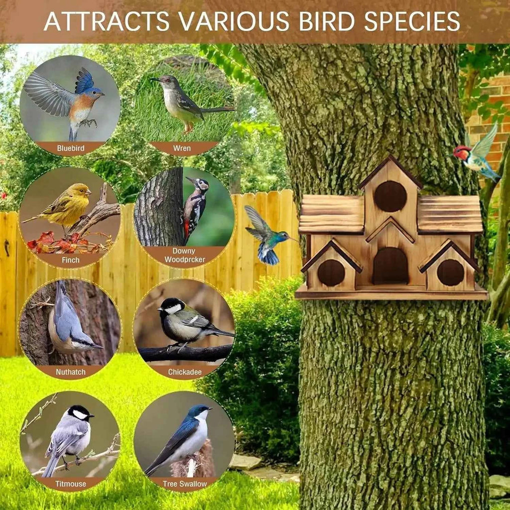Decorative Wooden Bird House Outdoor Garden Hanging Feeder Villa Nest Natural Solid Wood Waterproof Shelter for Wild Birds