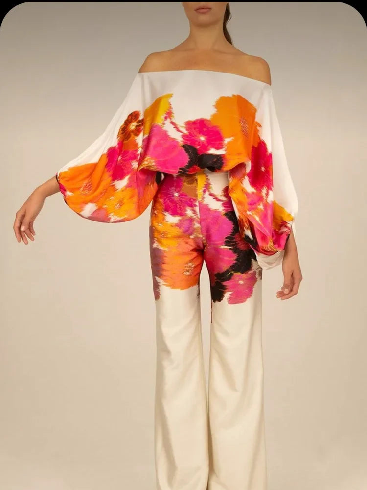 Women's Printed Satin 2-piece Set, Off Shoulder Lantern Sleeve Top, Wide Leg Pants, Elegant Office Shirt Traf Official Store