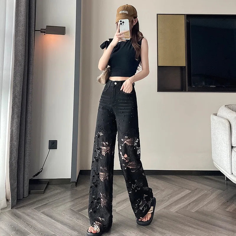 Y2k Women's cute jeans High Leg Waisted Wide  2025 Spring Summer Fashion Hollow Lace Patchwork Denim Pants