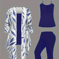 Plus-size women's 3-piece set: color-blocked printed cardigan jacket paired with trousers and vest for a casual everyday look.