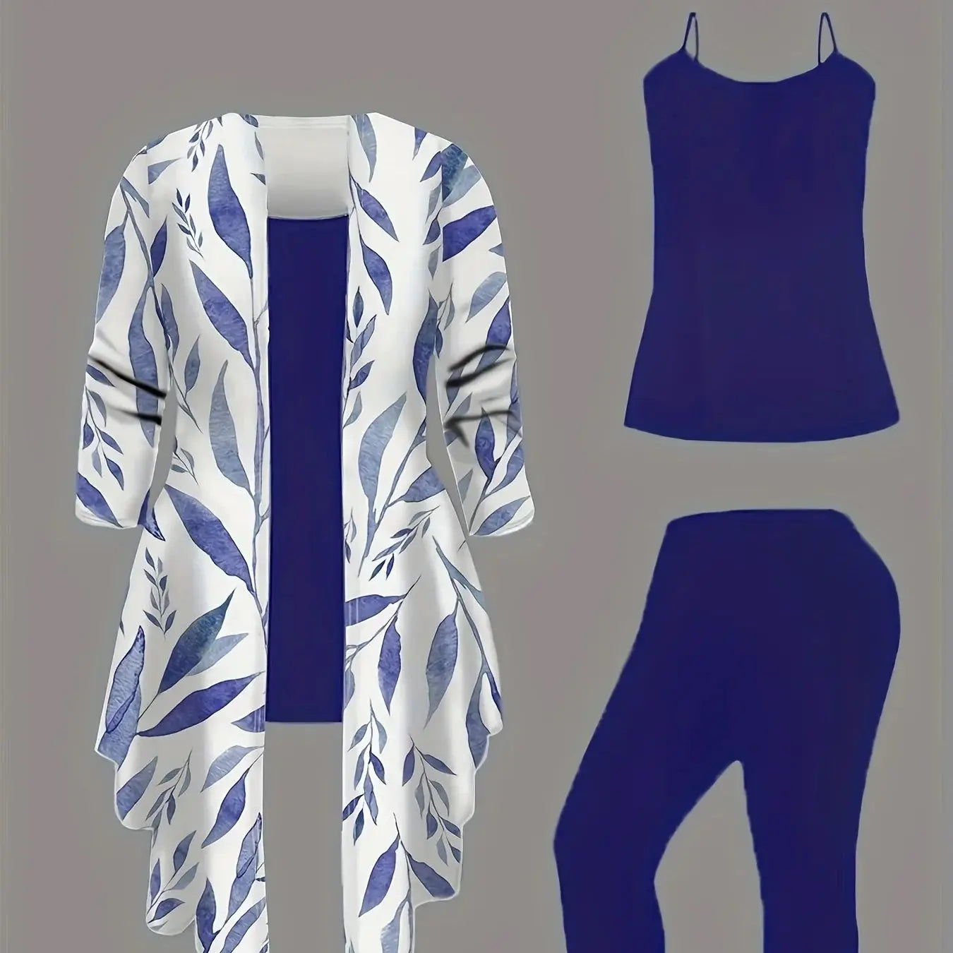 Plus-size women's 3-piece set: color-blocked printed cardigan jacket paired with trousers and vest for a casual everyday look.