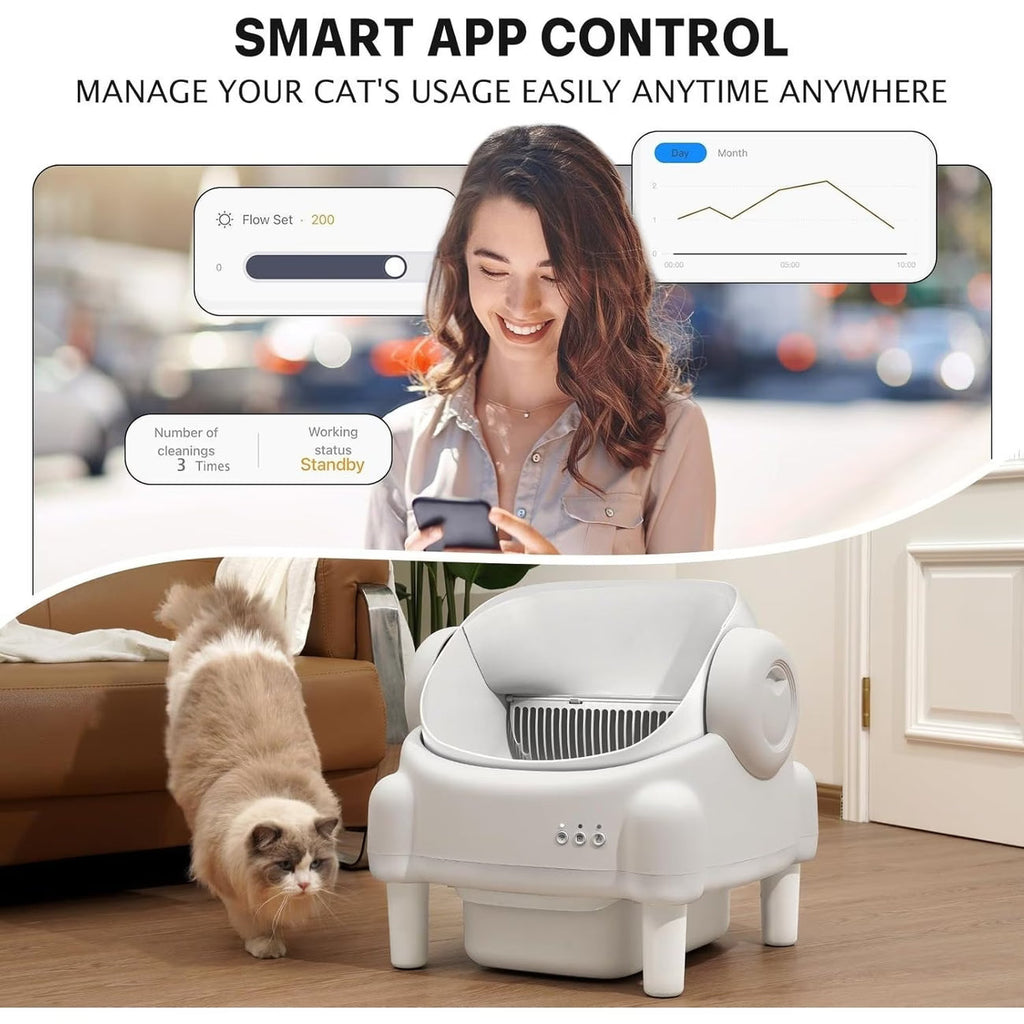 Self Cleaning Cat Litter Box, Automatic Kitty Litter Boxes For Multiple Cats, Built In Ambient Light, Double Odor Removal Safety Protection With App Control