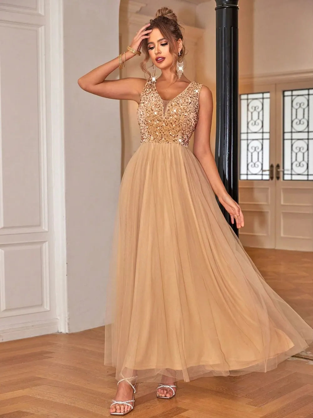 Sequin V-Neck Sleeveless Dress.