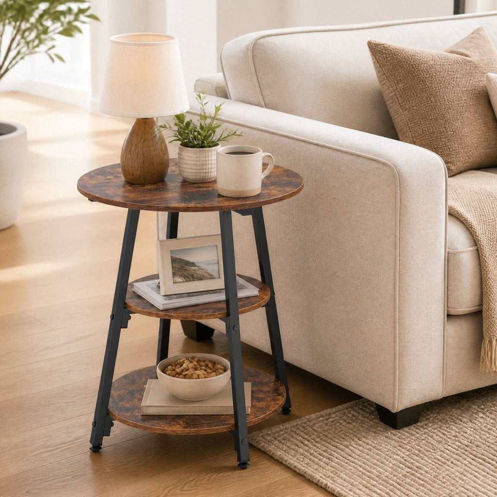 Industrial Side Table with 3-Tier Shelves and Metal Frame