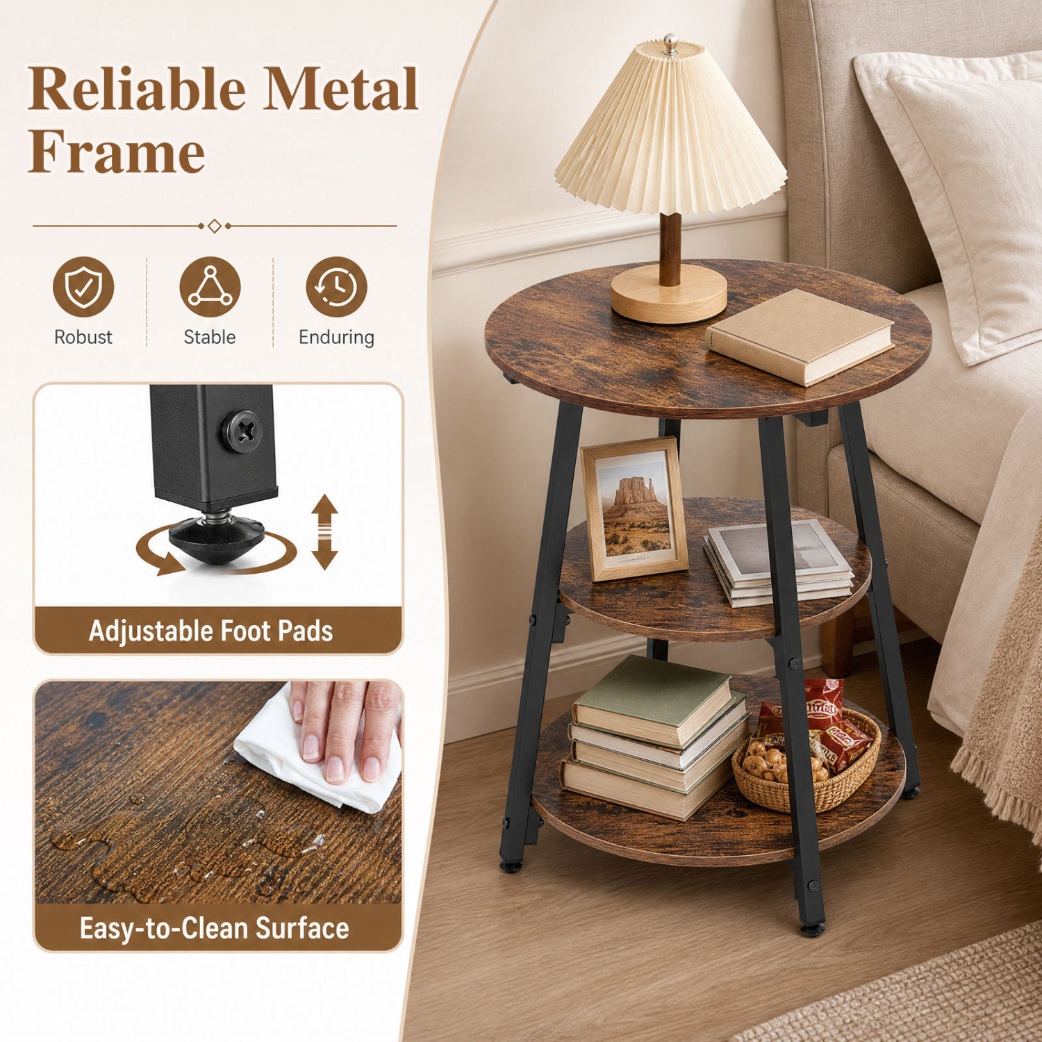 Industrial Side Table with 3-Tier Shelves and Metal Frame