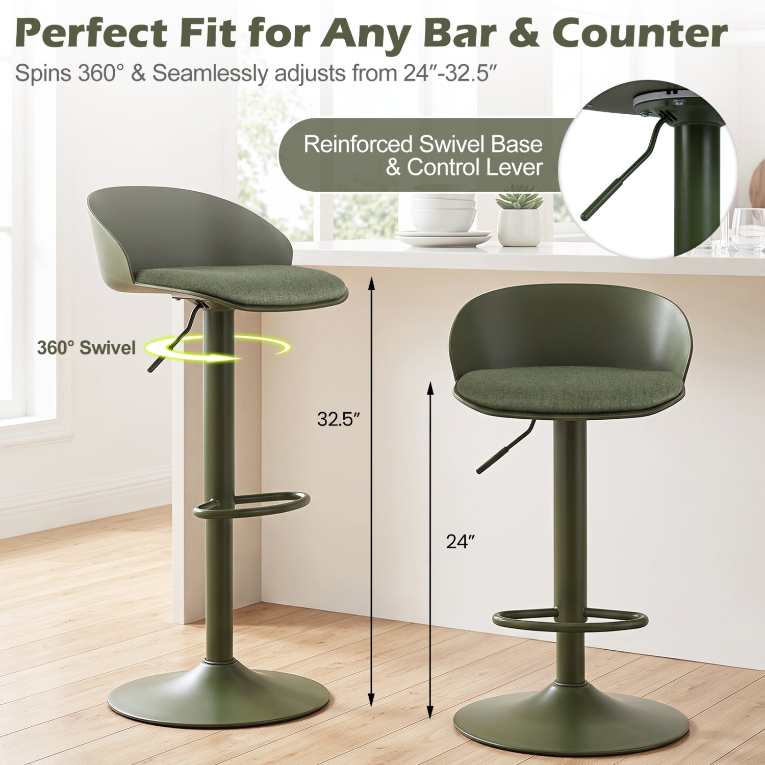 Adjustable Swivel Bar Stools Set of 2 with Back & Footrest