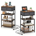Set of 2 Nightstand with Charging Station 28 Inch Tall Bedside Table with Fabric Drawer