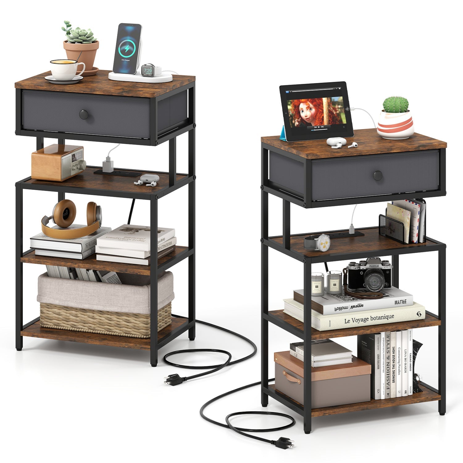 Set of 2 Nightstand with Charging Station 28 Inch Tall Bedside Table with Fabric Drawer
