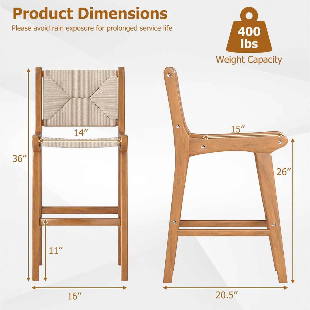Set of 2 Outdoor Counter Height Bar Stool Woven Paper Rope Patio Barstool with Teak Wood Frame