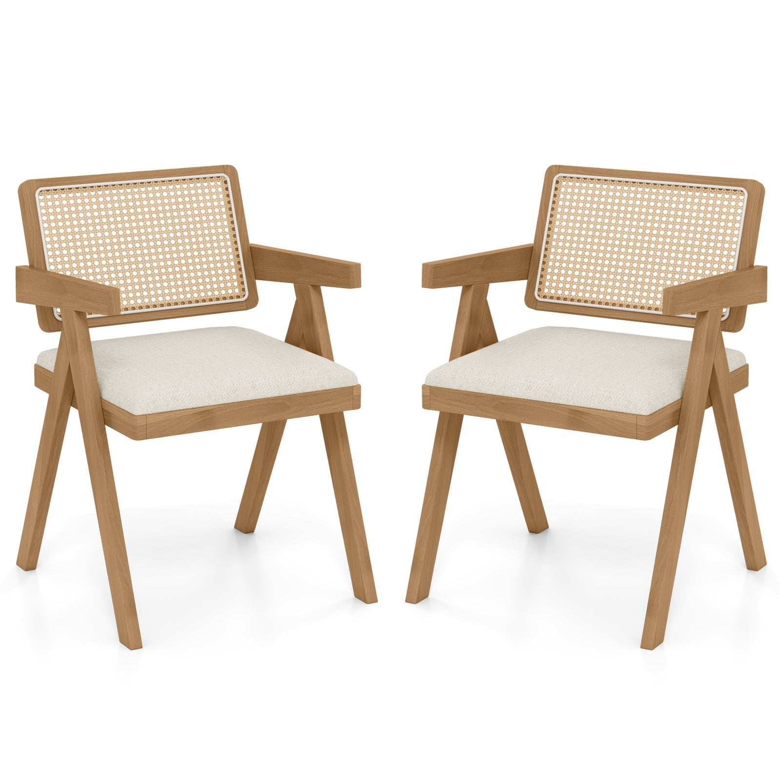 Set of 2 Rattan Accent Chairs with Padded Cushion and Rubber Wood Frame
