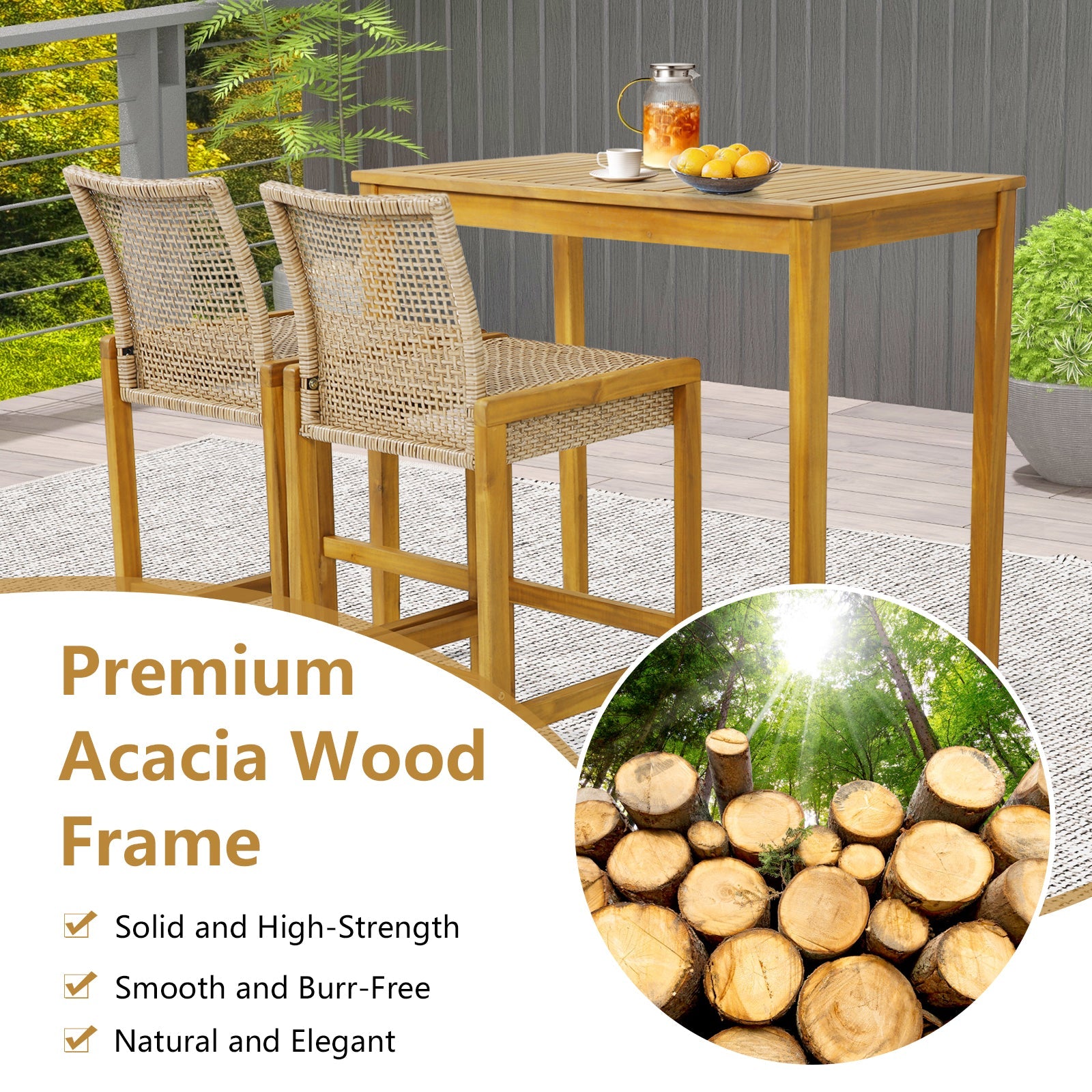 Set of 2 Rattan Patio Wood Barstools Dining Chairs with Backrest-Set of 2