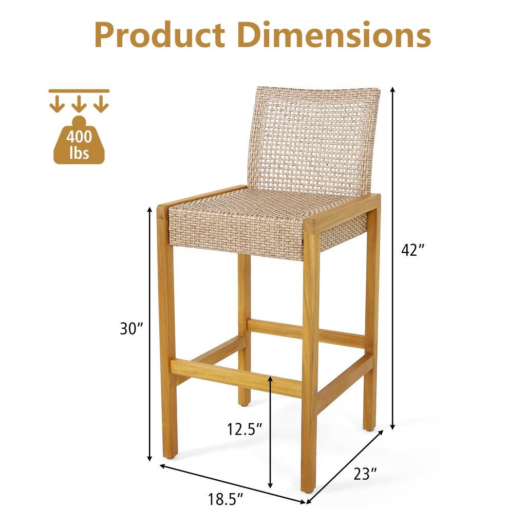 Set of 2 Rattan Patio Wood Barstools Dining Chairs with Backrest-Set of 2