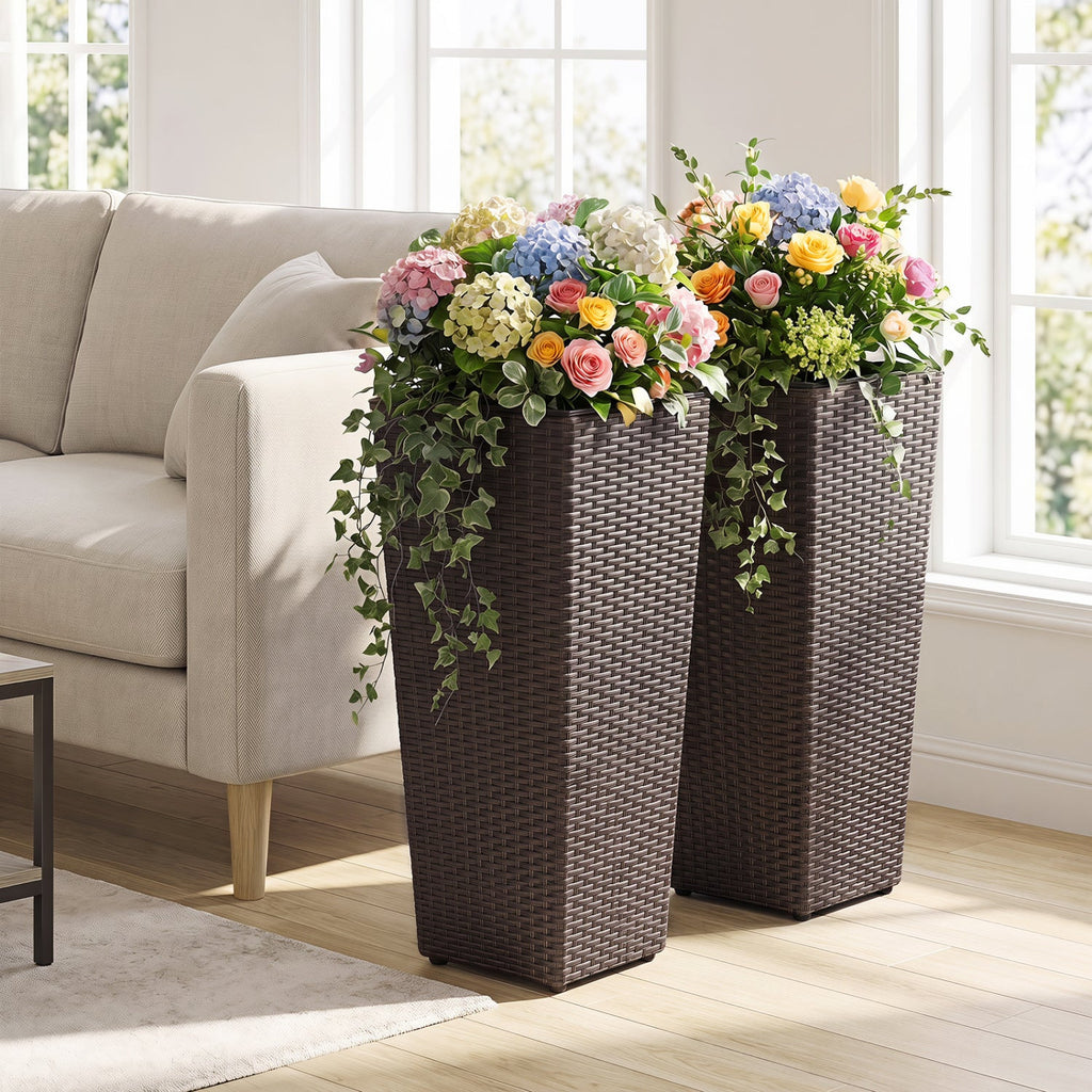 Tall Rattan Plant Pots with Liners - Set of 2