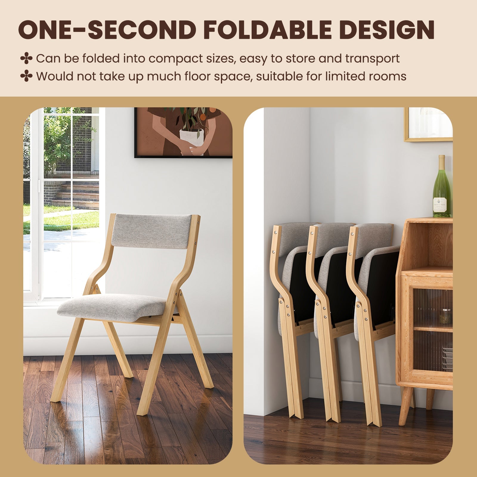 Set of 2 Wooden Folding Dining Chair with Linen Fabric Padded Seat and Backrest
