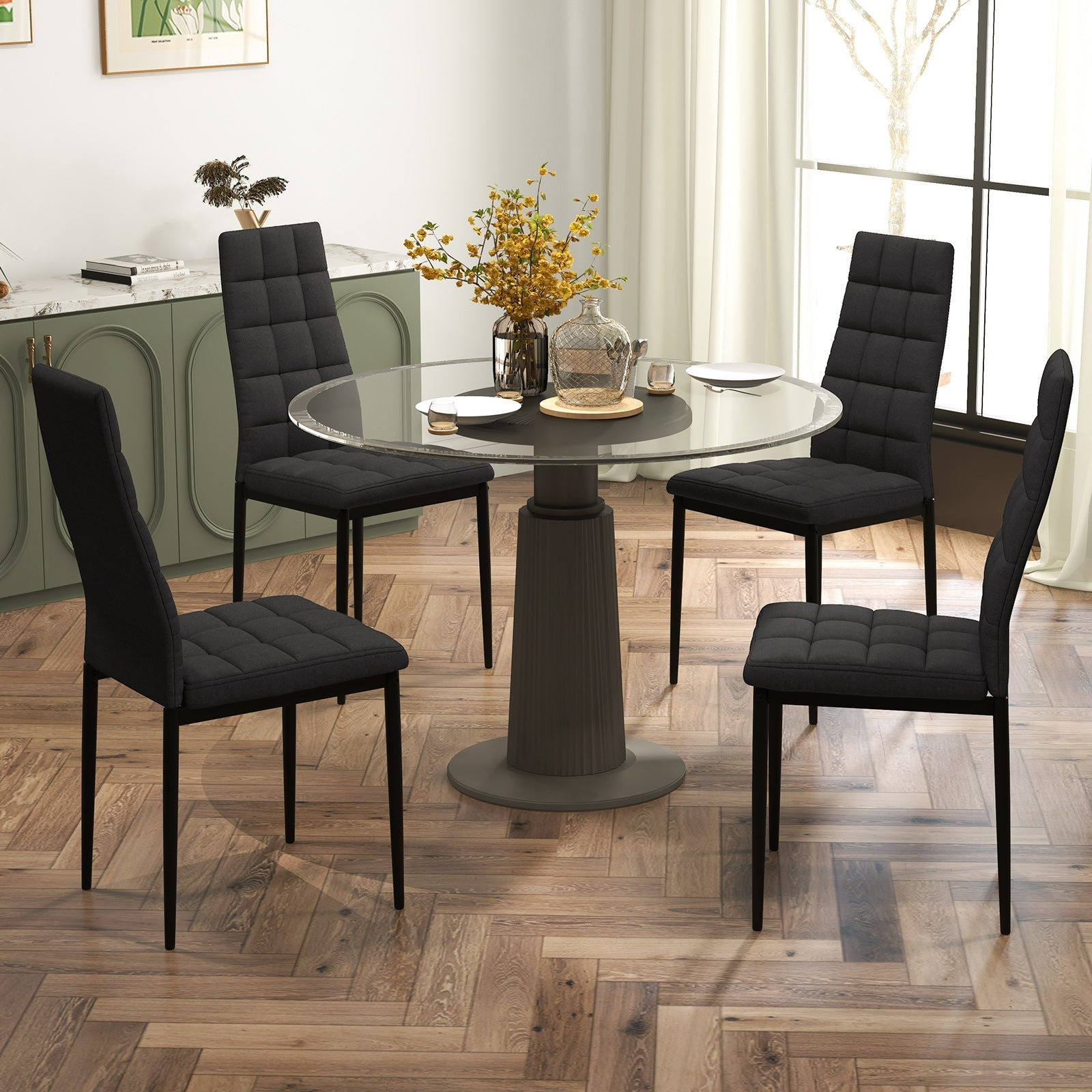 Set of 4 Fabric Dining Chairs Set with Upholstered Cushion and High Back