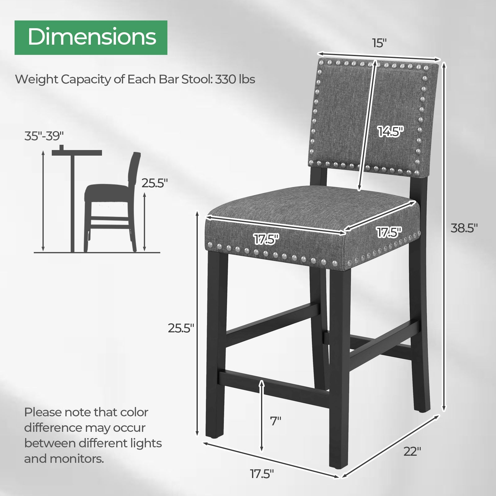 38.5/43.5 Inch Set of 2 Counter Height Chairs with Solid Rubber Wood Frame