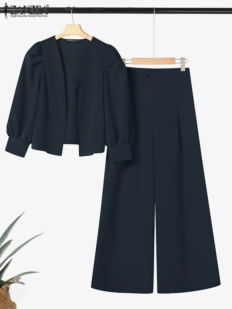 ZANZEA Elegant 2pcs Women Pant Sets Long Sleeve Cardigan Suit and High Waist Wide Leg Pants 2025 Fashion Solid Two-piece Outfits