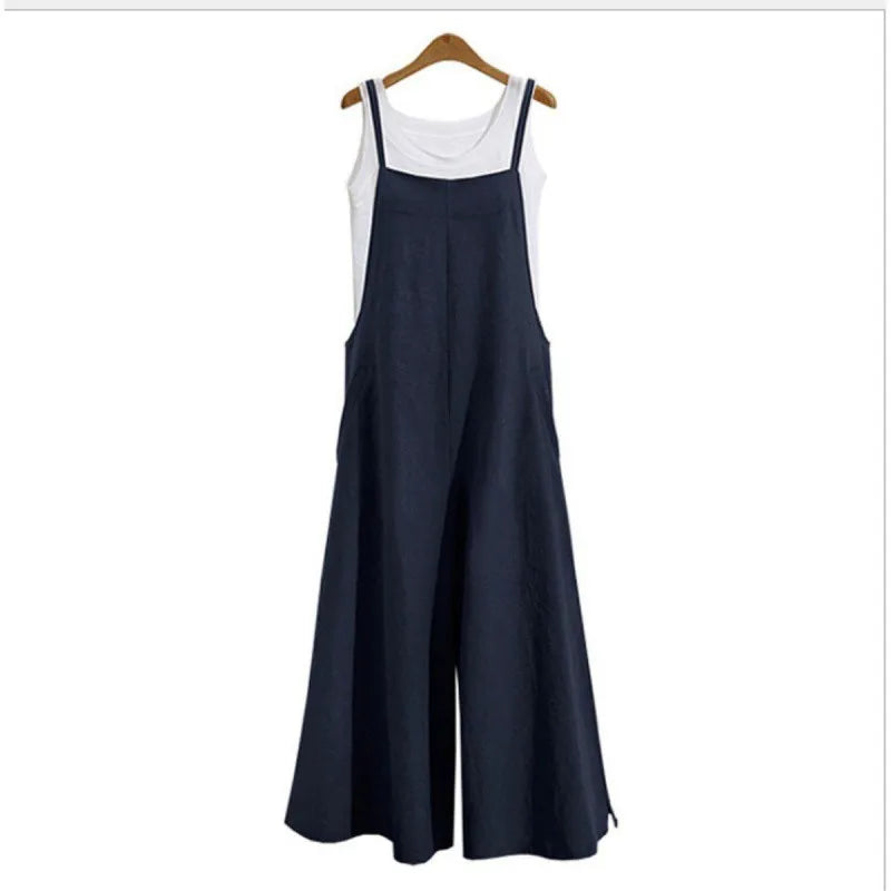 Women's Summer Sleeveless Jumpsuit Solid Color Wide Leg Bib Overalls Casual Loose Cotton Linen Straps Dungaree