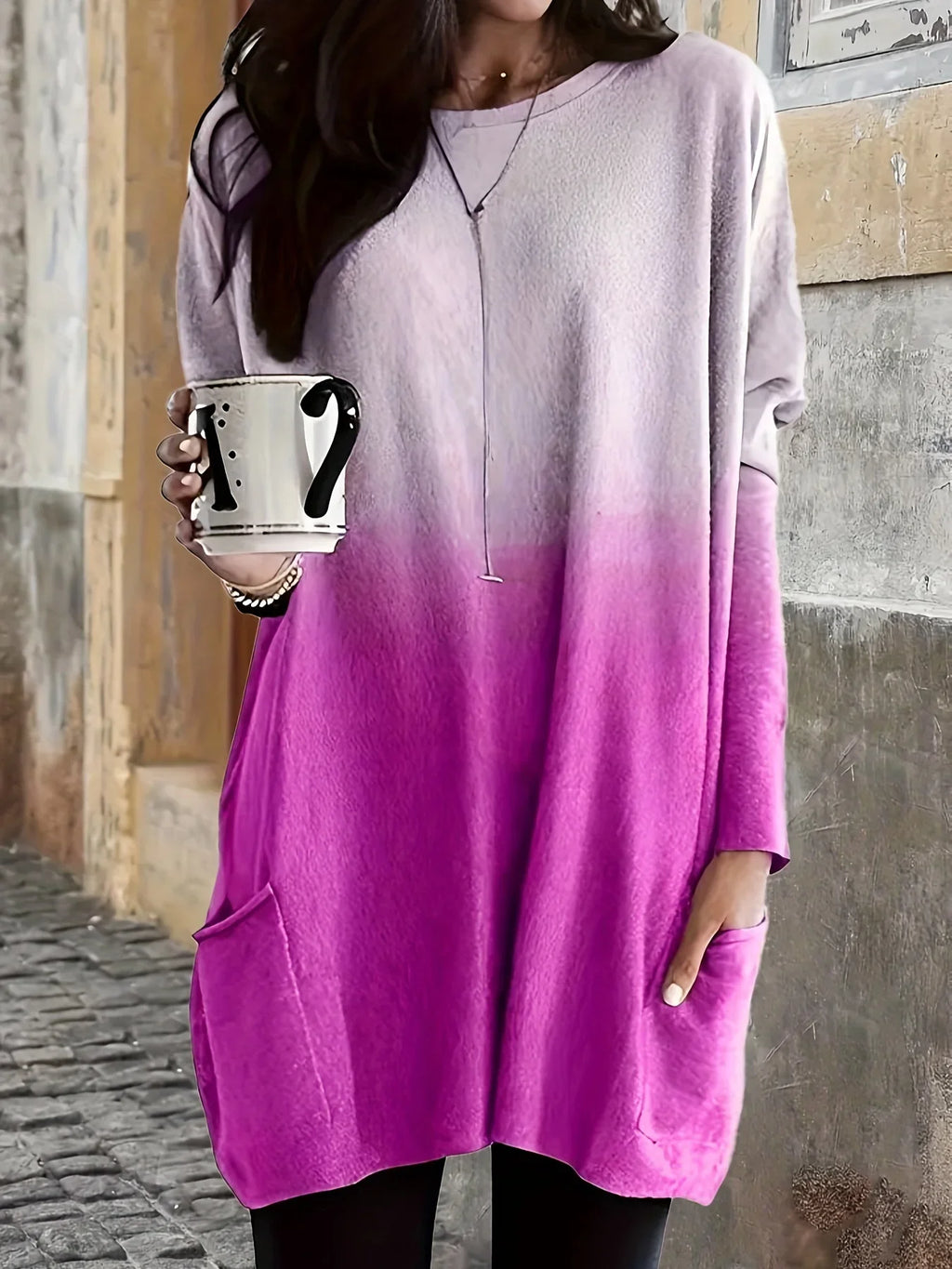 Fall/Winter New Fashionable Elegant Gradient Print Casual Crew Neck Pocket Plus Size Women's Long T-Shirt Top