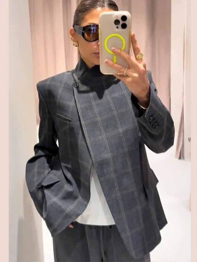 Women Plaid Print Blazer Jacket Fashion Stand Collar Full Sleeve One Button Loose Short Coat Chic Lady Daily Commute Outerwears