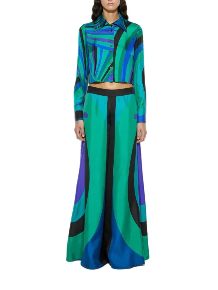 Spring Autumn Print Pants Sets Women Long Sleeve Shirt Loose Wide Legs Trousers Two Piece Set Fashion Streetwear Female Clothing