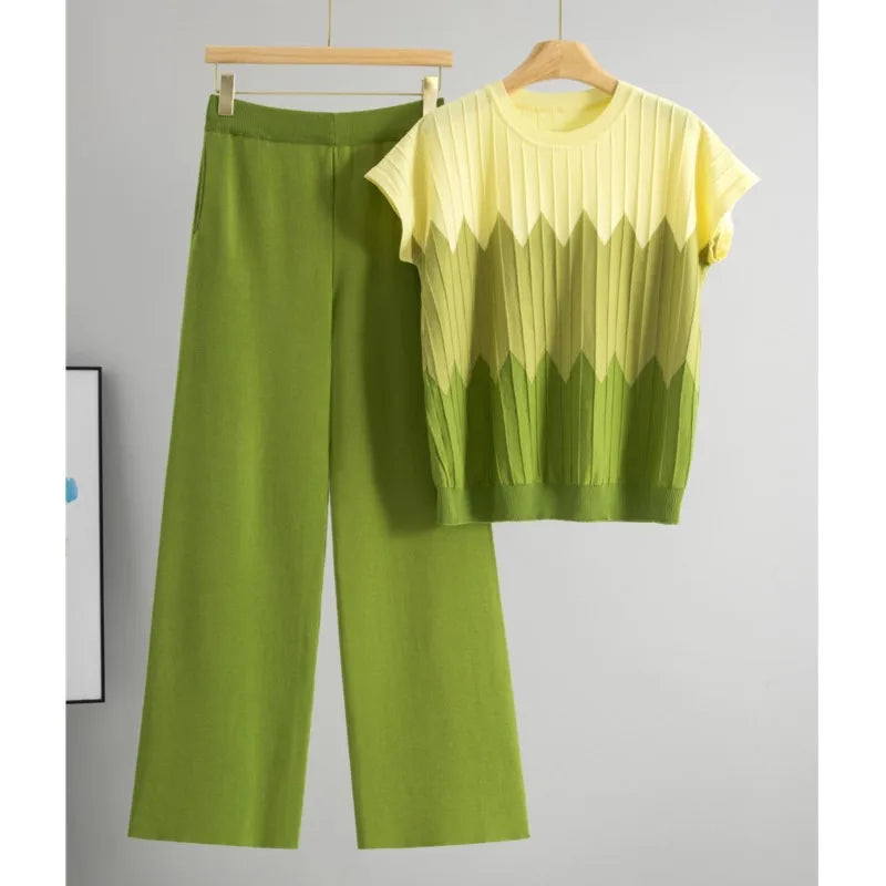 Casual Gradient Summer Knit Pants Sets Women Loungewear 2 Piece Women Set Knitted Tank Top Two Piece Set For Women