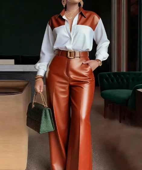 Two Piece Set Women Outfit 2026 Spring New Temperament Commuter Turn-Down Collar Long Sleeve Shirt & Leather Wide Leg Pants Set