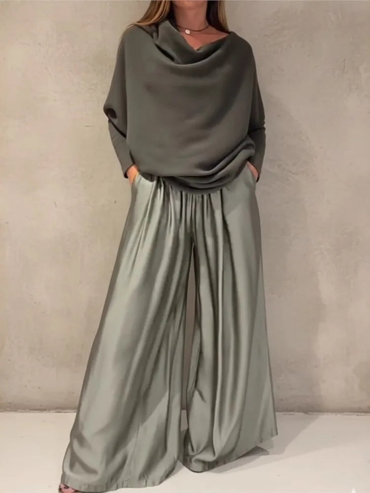 Fashion Satin Sexy Off-shoulder Women Long-sleeved T-shirt Trousers Suit Autumn Elegant Woman Loose Wide-leg Trousers 2piece Set
