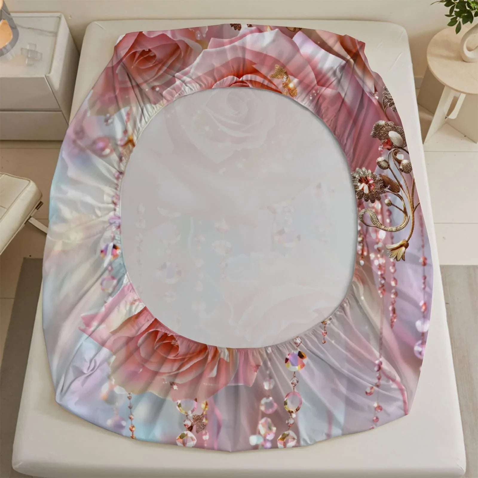 1pc 3D Pink Roses with Crystal Bead Print Fitted Sheet Deep Pocket Elastic Mattress Cover Single Double Queen King Bedroom Decor
