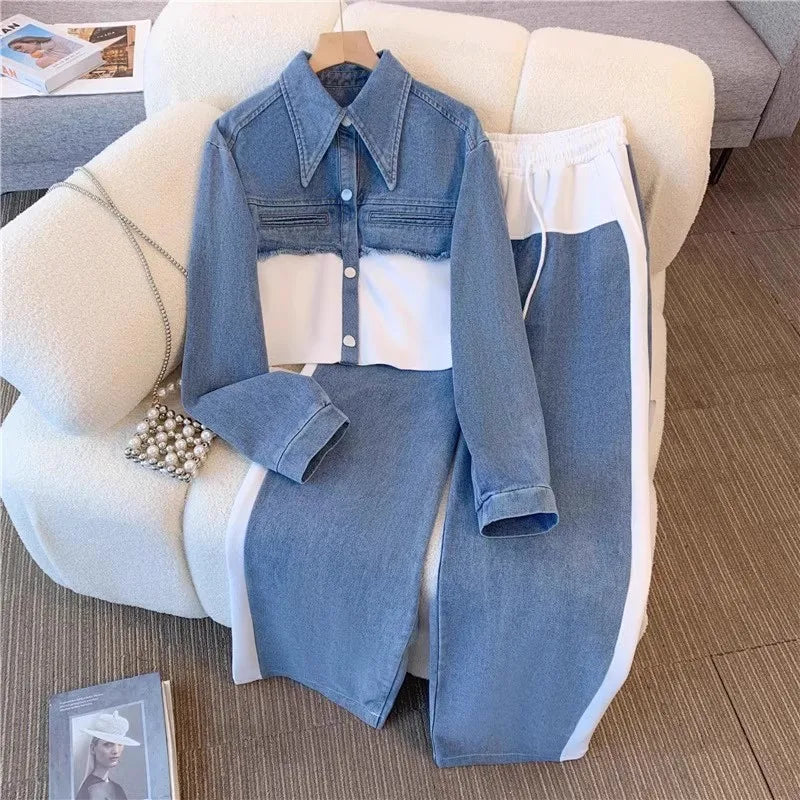 Blue Patchwork Pants Sets Women Fashion Long Sleeve Single-breasted Short Jacket Straight Trousers Two Piece Set Female New